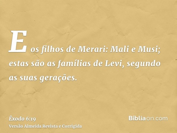E os filhos de Merari: Mali e Musi; estas são as famílias de Levi, segundo as suas gerações.