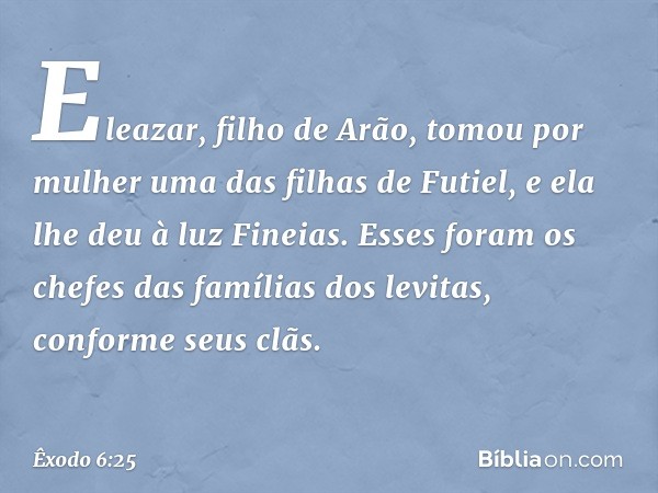 Eleazar, filho de Arão, tomou por mu­lher uma das filhas de Futiel, e ela lhe deu à luz Fineias.
Esses foram os chefes das famílias dos levitas, conforme seus c