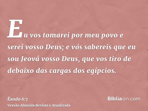 Eu vos tomarei por meu povo e serei vosso Deus; e vós sabereis que eu sou Jeová vosso Deus, que vos tiro de debaixo das cargas dos egípcios.