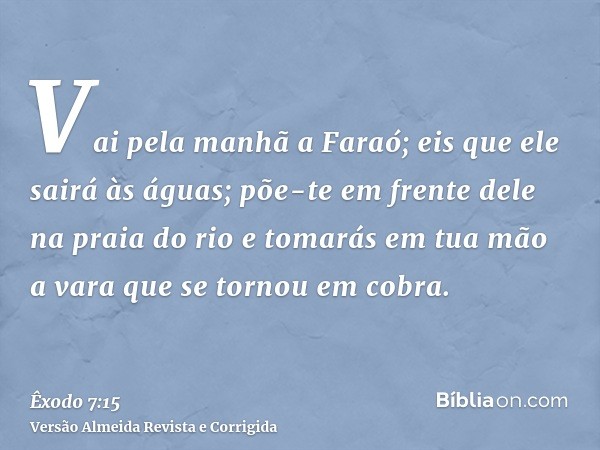 Vai pela manhã a Faraó; eis que ele sairá às águas; põe-te em frente dele na praia do rio e tomarás em tua mão a vara que se tornou em cobra.