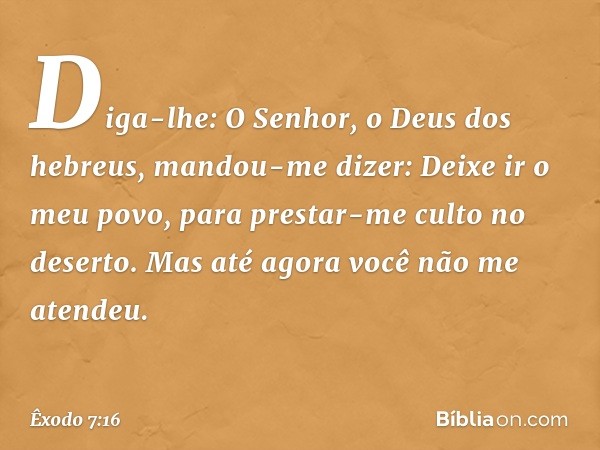 Diga-lhe: O Senhor, o Deus dos hebreus, mandou-me dizer: Deixe ir o meu povo, para prestar-me culto no deserto. Mas até agora você não me atendeu. -- Êxodo 7:16