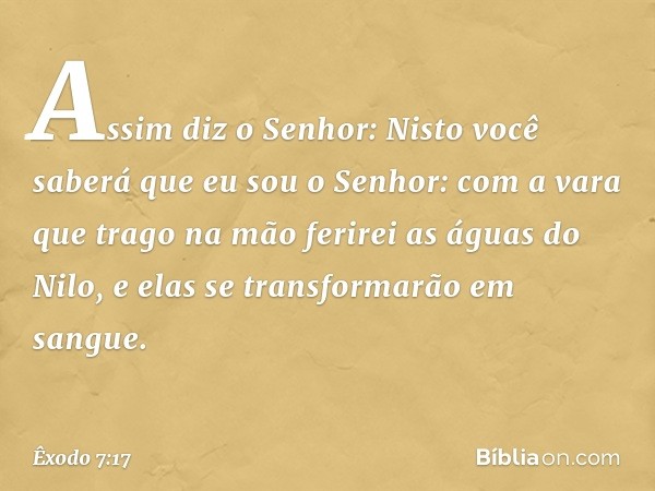 Assim diz o Senhor: Nisto você saberá que eu sou o Senhor: com a vara que trago na mão ferirei as águas do Nilo, e elas se trans­formarão em sangue. -- Êxodo 7: