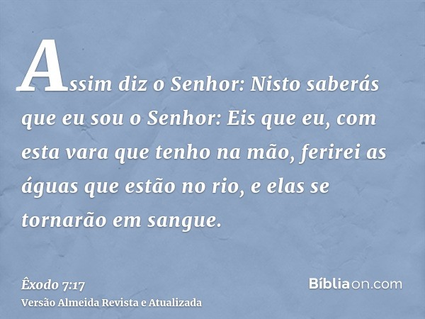 Assim diz o Senhor: Nisto saberás que eu sou o Senhor: Eis que eu, com esta vara que tenho na mão, ferirei as águas que estão no rio, e elas se tornarão em sang