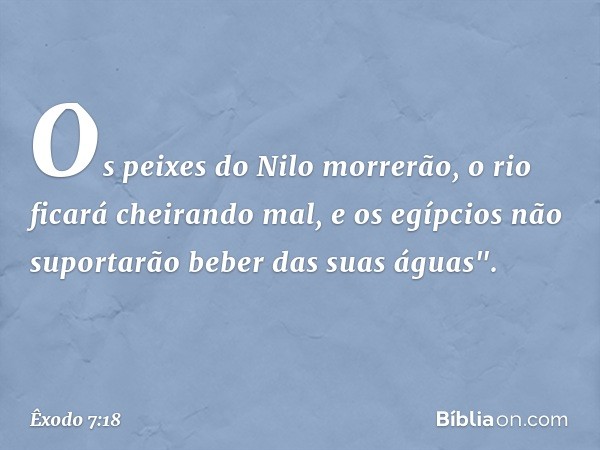 Os peixes do Nilo morrerão, o rio ficará cheirando mal, e os egípcios não suporta­rão beber das suas águas". -- Êxodo 7:18