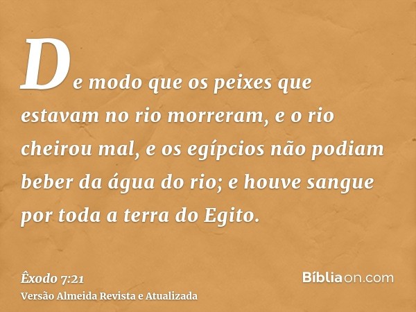 De modo que os peixes que estavam no rio morreram, e o rio cheirou mal, e os egípcios não podiam beber da água do rio; e houve sangue por toda a terra do Egito.