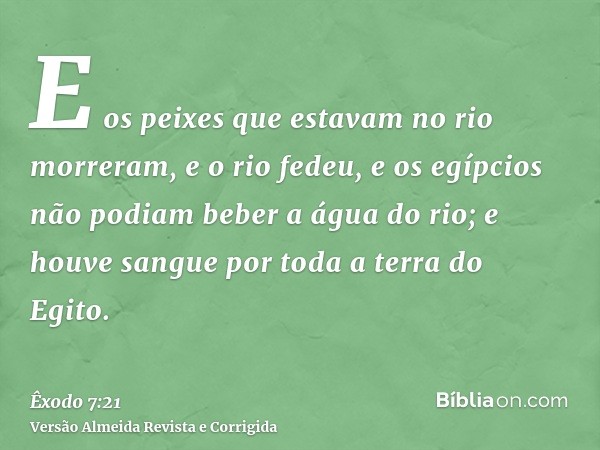 E os peixes que estavam no rio morreram, e o rio fedeu, e os egípcios não podiam beber a água do rio; e houve sangue por toda a terra do Egito.