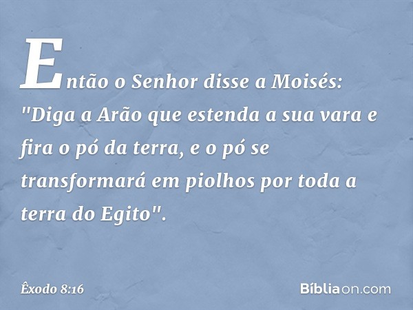 Então o Senhor disse a Moisés: "Diga a Arão que estenda a sua vara e fira o pó da terra, e o pó se transformará em piolhos por toda a terra do Egito". -- Êxodo 