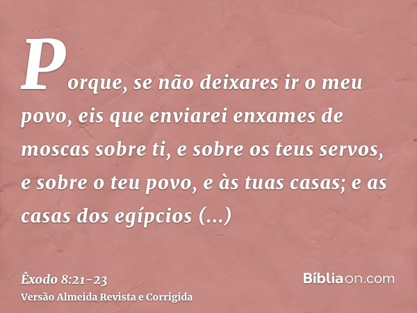 Porque, se não deixares ir o meu povo, eis que enviarei enxames de moscas sobre ti, e sobre os teus servos, e sobre o teu povo, e às tuas casas; e as casas dos 