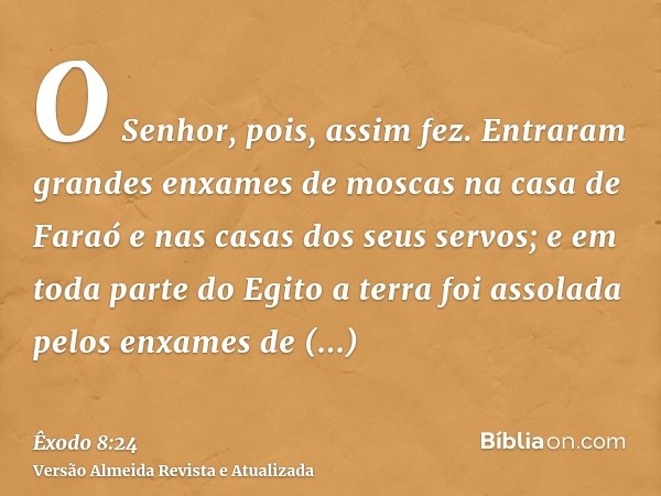 O Senhor, pois, assim fez. Entraram grandes enxames de moscas na casa de Faraó e nas casas dos seus servos; e em toda parte do Egito a terra foi assolada pelos 