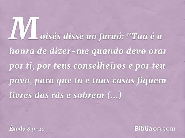 Moisés disse ao faraó: "Tua é a honra de dizer-me quando devo orar por ti, por teus conselheiros e por teu povo, para que tu e tuas casas fiquem livres das rãs 