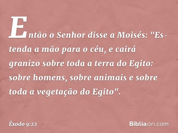 Então o Senhor disse a Moisés: "Es­tenda a mão para o céu, e cairá granizo sobre toda a terra do Egito: sobre homens, sobre ani­mais e sobre toda a vegetação do