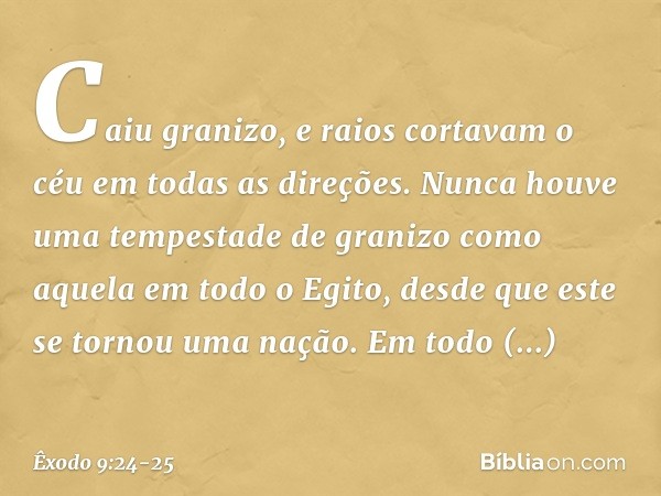 Caiu granizo, e raios cortavam o céu em todas as direções. Nunca houve uma tempestade de granizo como aque­la em todo o Egito, desde que este se tornou uma naçã