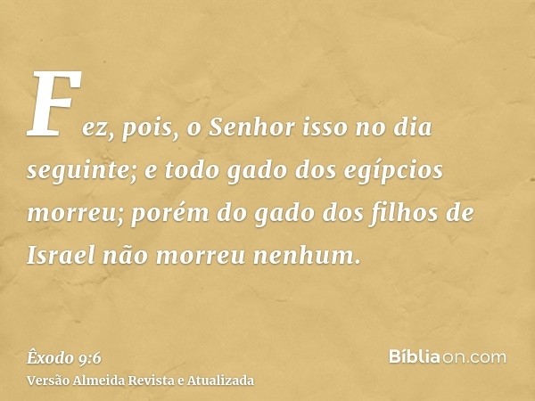 Fez, pois, o Senhor isso no dia seguinte; e todo gado dos egípcios morreu; porém do gado dos filhos de Israel não morreu nenhum.