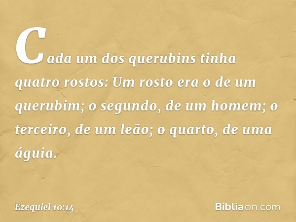 Cada um dos querubins tinha quatro rostos: Um rosto era o de um querubim; o segundo, de um homem; o terceiro, de um leão; o quar­to, de uma á­guia. -- Ezequiel 