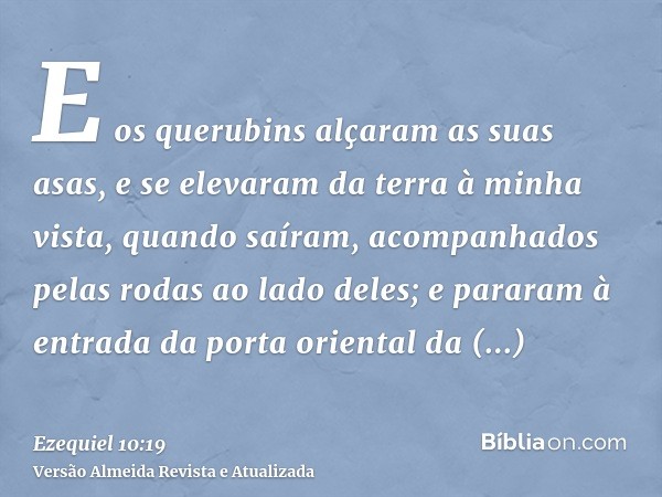 E os querubins alçaram as suas asas, e se elevaram da terra à minha vista, quando saíram, acompanhados pelas rodas ao lado deles; e pararam à entrada da porta o