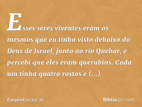 Esses seres viventes eram os mesmos que eu tinha visto debaixo do Deus de Israel, junto ao rio Quebar, e percebi que eles eram querubins. Cada um tinha quatro