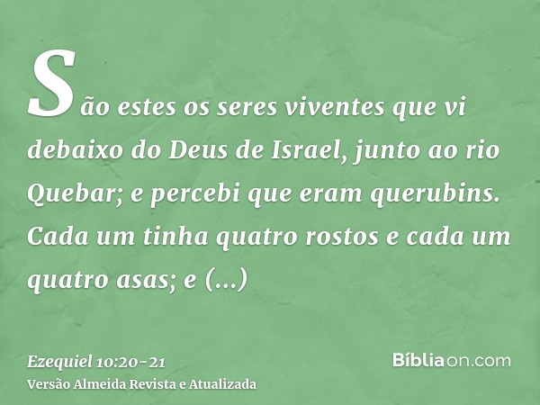 São estes os seres viventes que vi debaixo do Deus de Israel, junto ao rio Quebar; e percebi que eram querubins.Cada um tinha quatro rostos e cada um quatro asa