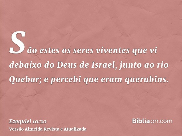 São estes os seres viventes que vi debaixo do Deus de Israel, junto ao rio Quebar; e percebi que eram querubins.