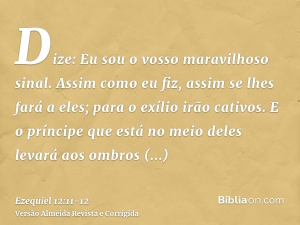 Dize: Eu sou o vosso maravilhoso sinal. Assim como eu fiz, assim se lhes fará a eles; para o exílio irão cativos.E o príncipe que está no meio deles levará aos 