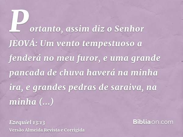 Portanto, assim diz o Senhor JEOVÁ: Um vento tempestuoso a fenderá no meu furor, e uma grande pancada de chuva haverá na minha ira, e grandes pedras de saraiva,