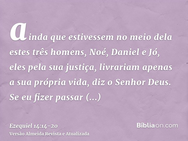 ainda que estivessem no meio dela estes três homens, Noé, Daniel e Jó, eles pela sua justiça, livrariam apenas a sua própria vida, diz o Senhor Deus.Se eu fizer