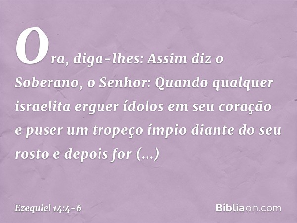 Ora, diga-lhes: Assim diz o Soberano, o Senhor: Quan­do qualquer israelita erguer ídolos em seu coração e puser um tropeço ímpio diante do seu rosto e depois fo