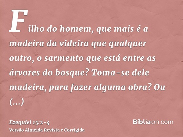 Filho do homem, que mais é a madeira da videira que qualquer outro, o sarmento que está entre as árvores do bosque?Toma-se dele madeira, para fazer alguma obra?