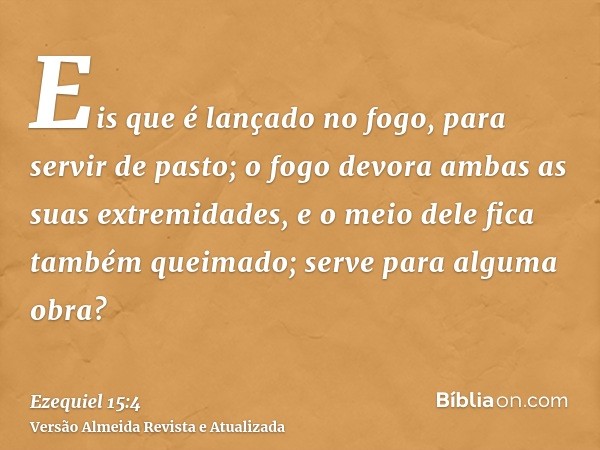 Eis que é lançado no fogo, para servir de pasto; o fogo devora ambas as suas extremidades, e o meio dele fica também queimado; serve para alguma obra?