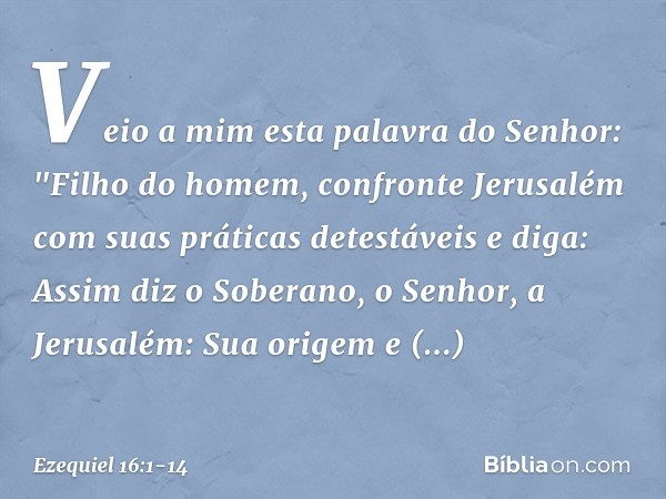 Veio a mim esta palavra do Senhor: "Filho do homem, confronte Jerusalém com suas práticas detestáveis e diga: Assim diz o Soberano, o Senhor, a Jerusalém: Sua o