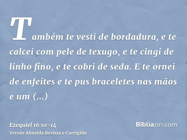 Também te vesti de bordadura, e te calcei com pele de texugo, e te cingi de linho fino, e te cobri de seda.E te ornei de enfeites e te pus braceletes nas mãos e