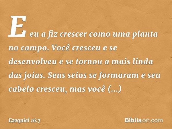 E eu a fiz crescer como uma planta no campo. Você cres­ceu e se desenvolveu e se tornou a mais linda das joias. Seus seios se formaram e seu cabelo cresceu, mas