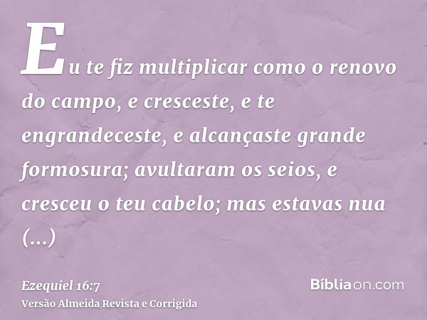 Eu te fiz multiplicar como o renovo do campo, e cresceste, e te engrandeceste, e alcançaste grande formosura; avultaram os seios, e cresceu o teu cabelo; mas es