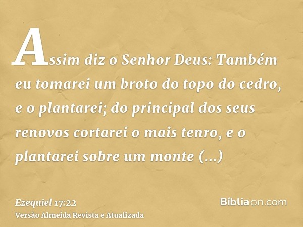 Assim diz o Senhor Deus: Também eu tomarei um broto do topo do cedro, e o plantarei; do principal dos seus renovos cortarei o mais tenro, e o plantarei sobre um