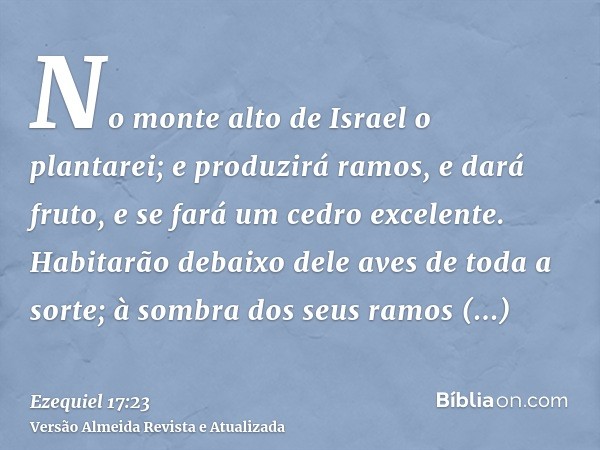 No monte alto de Israel o plantarei; e produzirá ramos, e dará fruto, e se fará um cedro excelente. Habitarão debaixo dele aves de toda a sorte; à sombra dos se