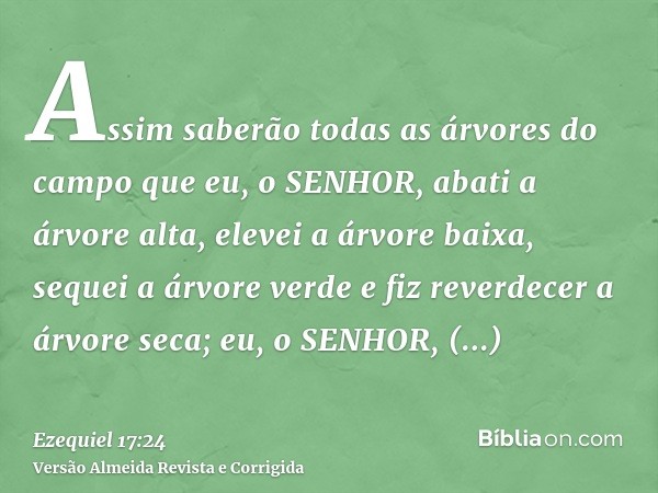 Assim saberão todas as árvores do campo que eu, o SENHOR, abati a árvore alta, elevei a árvore baixa, sequei a árvore verde e fiz reverdecer a árvore seca; eu, 