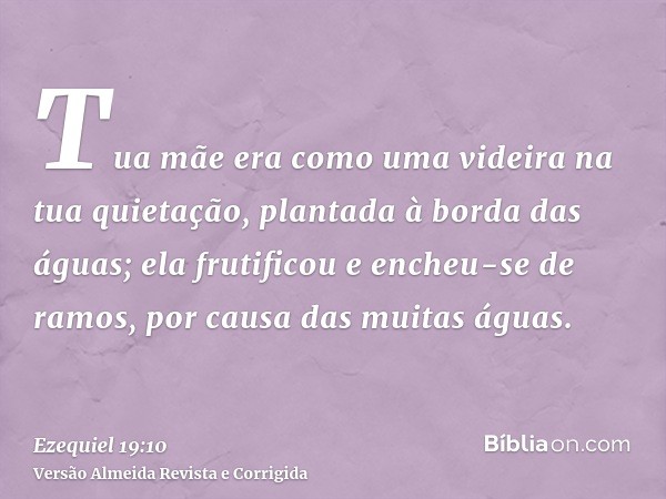 Tua mãe era como uma videira na tua quietação, plantada à borda das águas; ela frutificou e encheu-se de ramos, por causa das muitas águas.