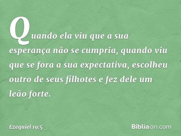 "Quando ela viu que a sua esperança
não se cumpria,
quando viu que se fora
a sua expectativa,
escolheu outro de seus filhotes
e fez dele um leão forte. -- Ezequ