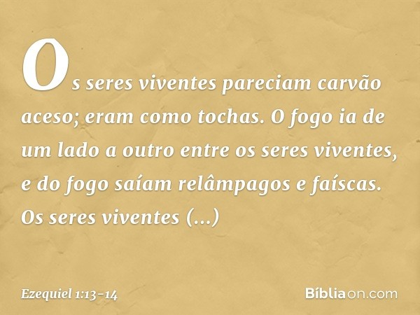 Os seres viventes pareciam carvão aceso; eram como tochas. O fogo ia de um lado a outro entre os seres viventes, e do fogo saíam relâmpagos e faíscas. Os seres 