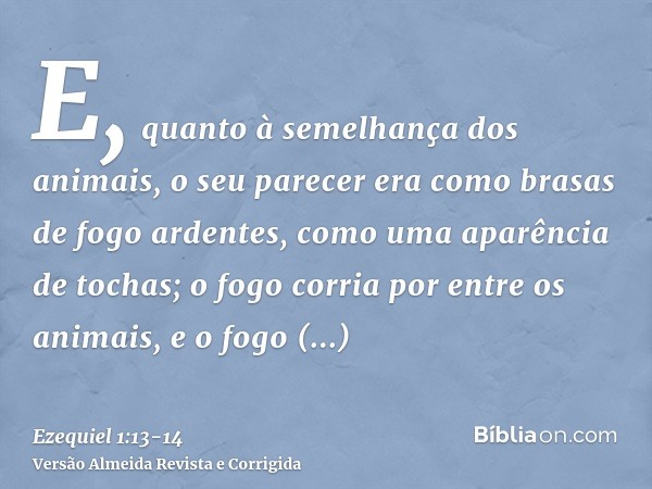 E, quanto à semelhança dos animais, o seu parecer era como brasas de fogo ardentes, como uma aparência de tochas; o fogo corria por entre os animais, e o fogo r