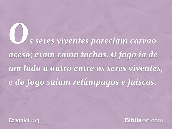 Os seres viventes pareciam carvão aceso; eram como tochas. O fogo ia de um lado a outro entre os seres viventes, e do fogo saíam relâmpagos e faíscas. -- Ezequi