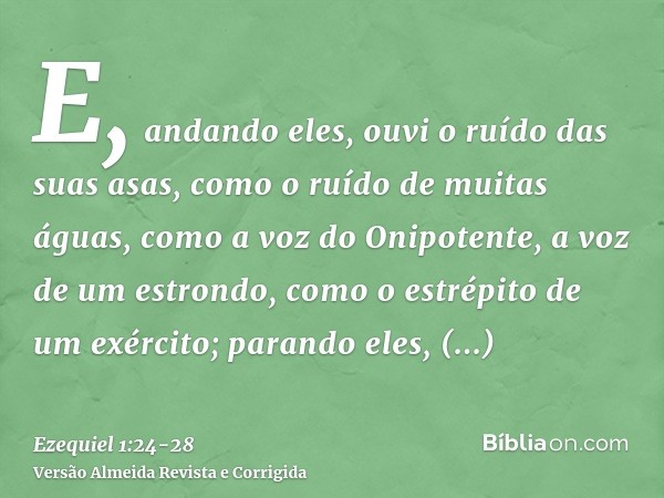 E, andando eles, ouvi o ruído das suas asas, como o ruído de muitas águas, como a voz do Onipotente, a voz de um estrondo, como o estrépito de um exército; para