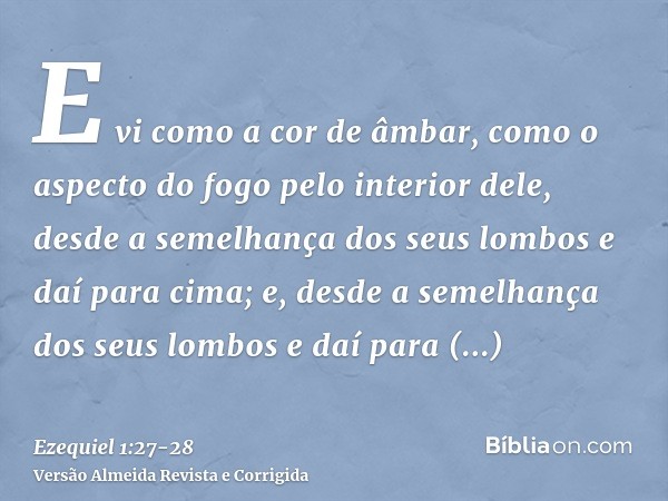 E vi como a cor de âmbar, como o aspecto do fogo pelo interior dele, desde a semelhança dos seus lombos e daí para cima; e, desde a semelhança dos seus lombos e