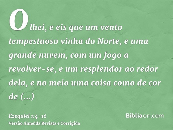Olhei, e eis que um vento tempestuoso vinha do Norte, e uma grande nuvem, com um fogo a revolver-se, e um resplendor ao redor dela, e no meio uma coisa como de