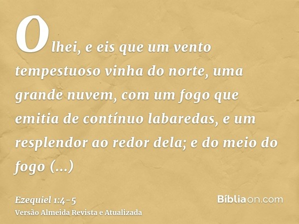 Olhei, e eis que um vento tempestuoso vinha do norte, uma grande nuvem, com um fogo que emitia de contínuo labaredas, e um resplendor ao redor dela; e do meio d