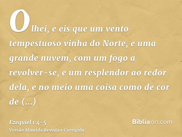 Olhei, e eis que um vento tempestuoso vinha do Norte, e uma grande nuvem, com um fogo a revolver-se, e um resplendor ao redor dela, e no meio uma coisa como de