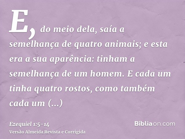 E, do meio dela, saía a semelhança de quatro animais; e esta era a sua aparência: tinham a semelhança de um homem.E cada um tinha quatro rostos, como também cad