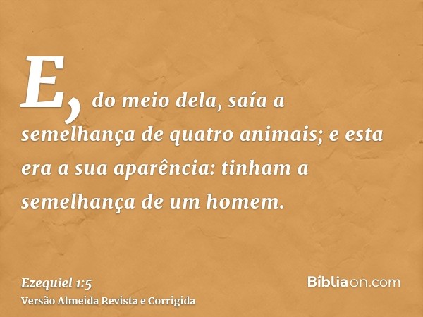 E, do meio dela, saía a semelhança de quatro animais; e esta era a sua aparência: tinham a semelhança de um homem.