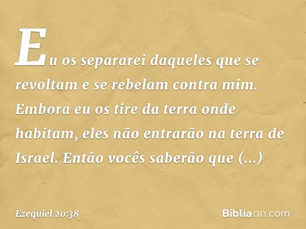 Eu os separarei daqueles que se revoltam e se rebelam contra mim. Embora eu os tire da terra onde habitam, eles não entrarão na terra de Israel. Então vocês sab