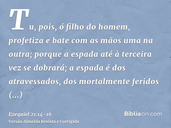 Tu, pois, ó filho do homem, profetiza e bate com as mãos uma na outra; porque a espada até à terceira vez se dobrará; a espada é dos atravessados, dos mortalmen