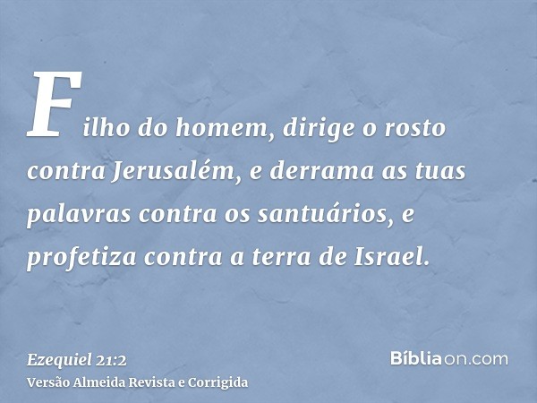Filho do homem, dirige o rosto contra Jerusalém, e derrama as tuas palavras contra os santuários, e profetiza contra a terra de Israel.